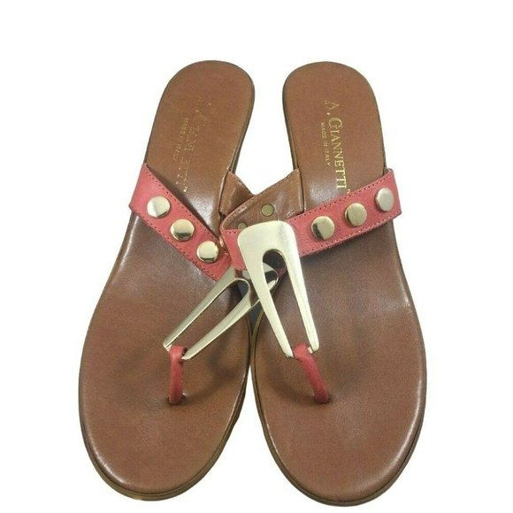 A Giannetti Womens Italian Size 9 Wedge Heels Coral Brown Pink Gold Slip On Sand - Picture 1 of 11